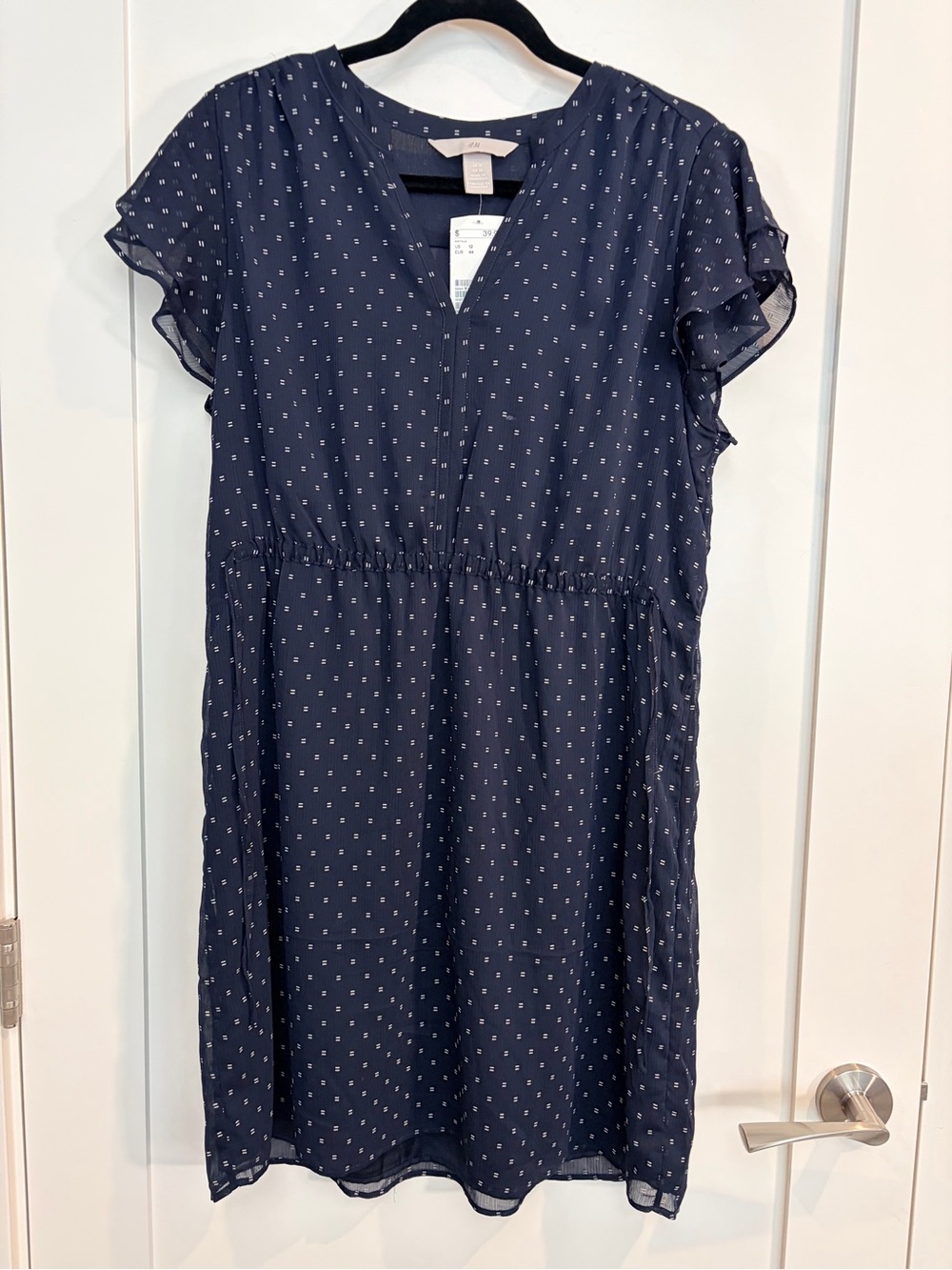 Navy Swiss Dot Flutter Sleeve Dress – Size 12 NWT